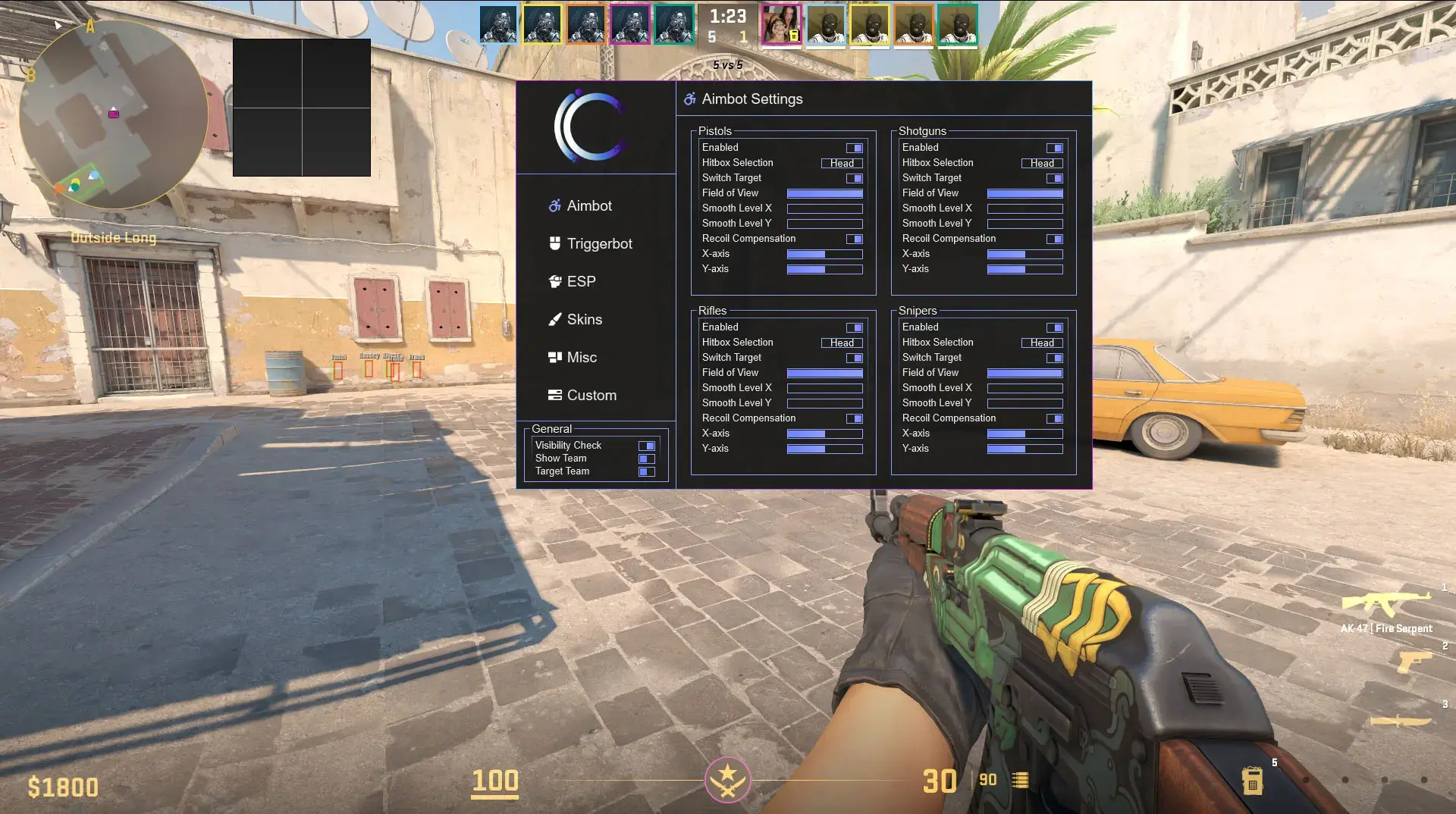 VaporCheats aimbot settings with separate pistol, shotgun, rifle and sniper profiles